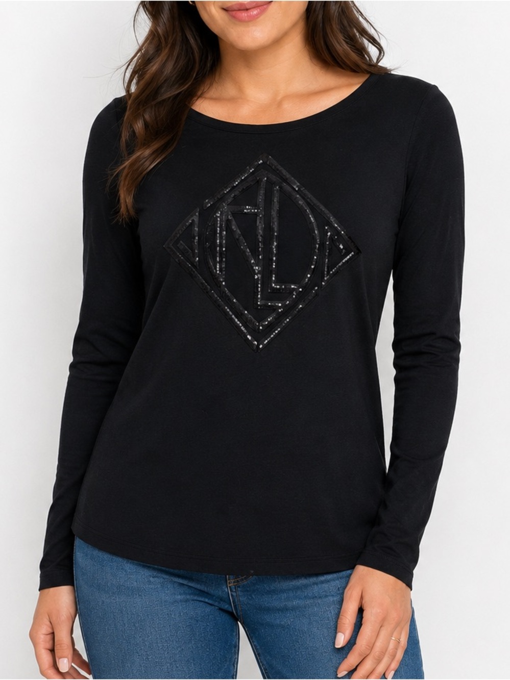 NWT Lauren Ralph Lauren Black Sequin Logo Long Sleeve Top Size M